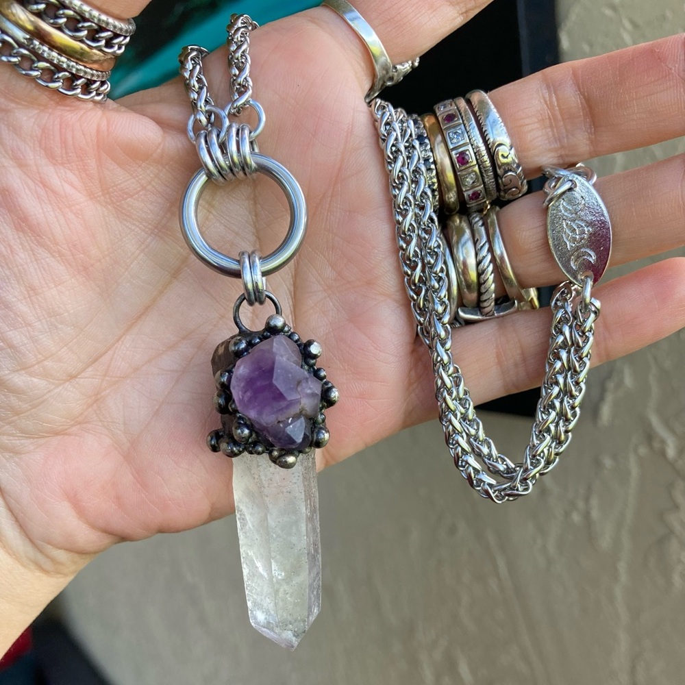 Natural raw purple amethyst &  crystal quartz gemstone boho charm necklace - Picture 9 of 16